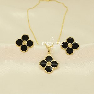 Conjunto Flor Resinada Banhado a Ouro 18k