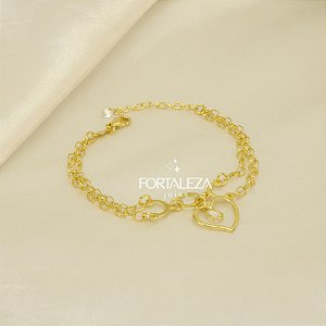 Pulseira Dupla de Coração com Zircônia Banhado a Ouro 18k