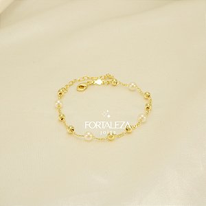 Pulseira de Pérolas e Bolinhas Polidas Banhado a Ouro 18k