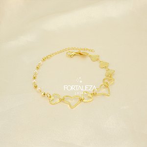 Pulseira de Pérolas com Corações Banhado a Ouro 18k