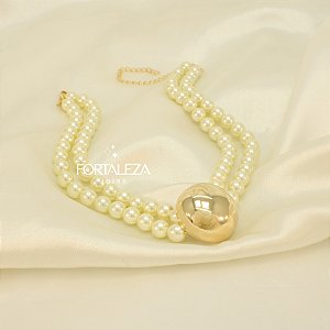 Gargantilha Pérola com Pingente Abaulado Banhado a Ouro 18k