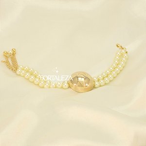 Pulseira de Pérolas com Pingente Abaulado Banhado a Ouro 18k