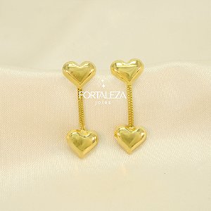 Brinco de Corações com Fio Veneziana Banhado a Ouro 18k