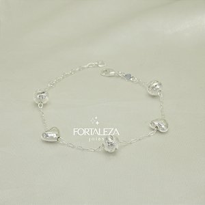 Pulseira de Coração e Bolinha Granulada Banhado a Prata 925