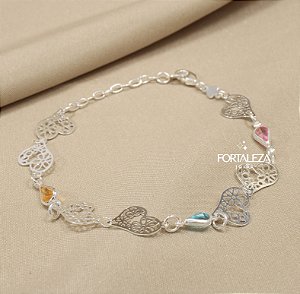 Pulseira com Corações e Zircônias Banhado a Prata 925