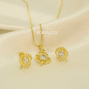 Conjunto de Flor Vazada com Zircônia Banhado a Ouro 18k