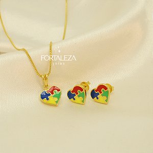 Conjunto de Coração Símbolo Autismo Banhado a Ouro 18k