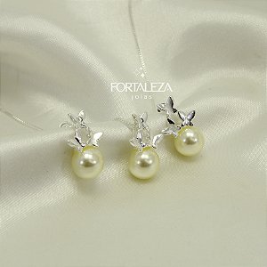 Conjunto com Design de Borboletas e Pérola Banhado a Prata