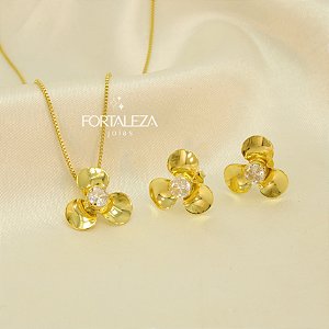 Conjunto de Flor com Zircônia Cristal Banhado a Ouro 18k