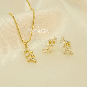 Conjunto com Detalhes em Zircônia Cristal Banhado a Ouro 18k
