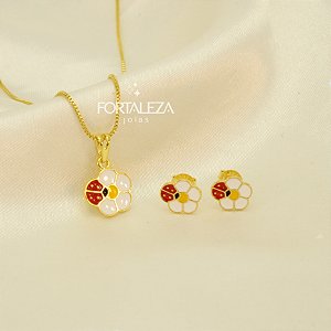 Conjunto Flor Margarida e Joaninha Banhado a Ouro 18k