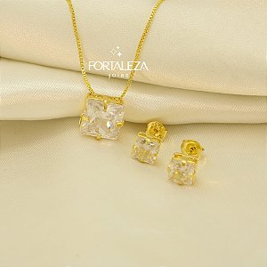 Conjunto de Zircônia Cristal Quadrada Banhado a Ouro 18k