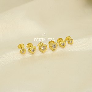 Brinco em Trio de Coração com Zircônia Banhado a Ouro 18k