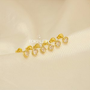 Brinco em Trio com Zircônia Cristal Banhado a Ouro 18k