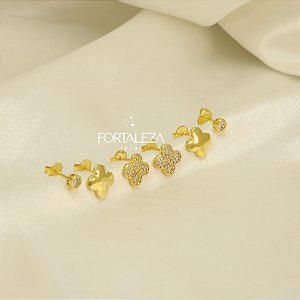 Brinco em Trio de Trevo com Zircônia Banhado a Ouro 18k