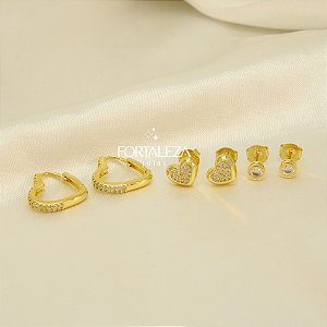 Brinco em Trio Coração com Argola Banhado a Ouro 18k