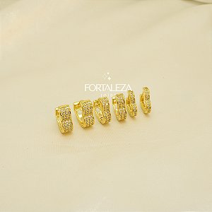 Brinco Argola em Trio Coração Cravejado e Banhado a Ouro 18k