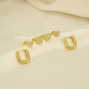 Brinco em Trio de Coração com Argola Banhado a Ouro 18k