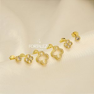 Brinco em Trio com Trevo Cravejado e Banhado a Ouro 18k