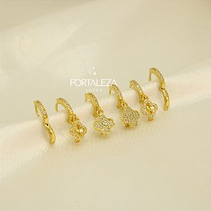 Brinco Argola em Trio Trevo Cravejado e Banhado a Ouro 18k