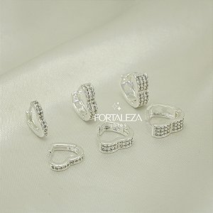 Brinco Argola em Trio Coração Cravejado Banhado a Prata 925