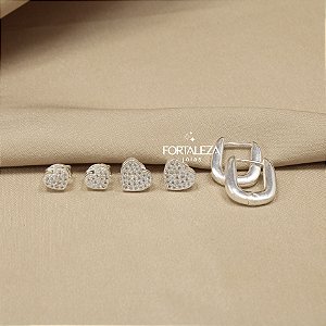 Brinco em Trio de Coração com Argola Banhado a Prata 925