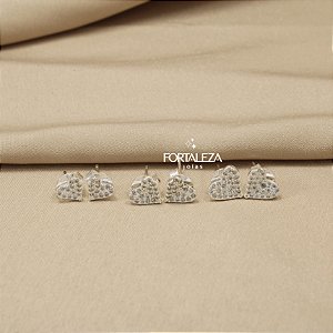 Brinco em Trio de Coração Cravejado e Banhado a Prata 925