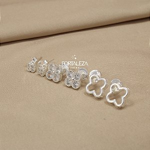 Brinco em Trio com Trevo Cravejado e Banhado a Prata 925