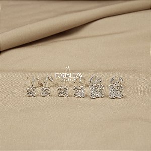 Brinco em Trio Trevo Cravejado e Banhado a Prata 925