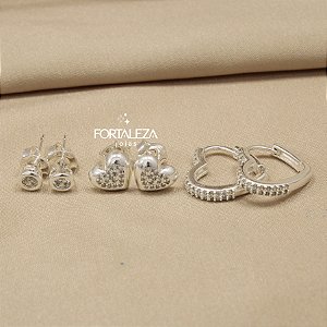Brinco em Trio Coração com Argola Banhado a Prata 925