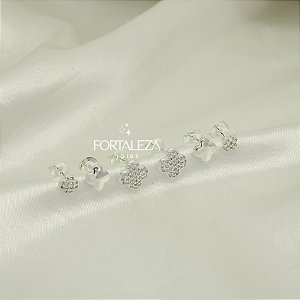 Brinco em Trio de Trevo Cravejado e Banhado a Prata 925
