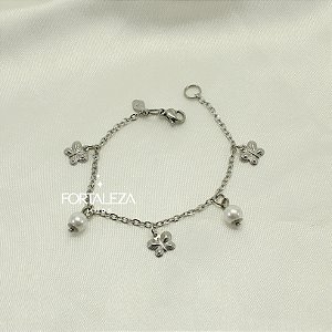 Pulseira de Borboleta com Pérola em Aço Inox