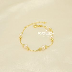 Pulseira de Pérolas e Bolinhas Banhado a Ouro 18k