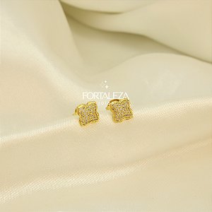 Brinco Flor Cravejado em Zircônia Cristal Banhado a Ouro 18k
