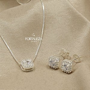 Conjunto Quadrado Cravejado com Zircônia em Prata 925