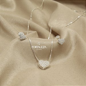 Conjunto de Coração Cravejado com Zircônia em Prata 925