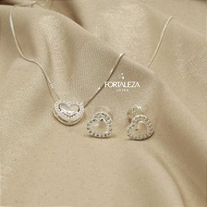 Conjunto de Coração com Zircônia Cristal em Prata 925