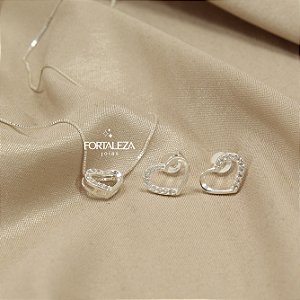 Conjunto Coração Vazado com Zircônia Cristal em Prata 925