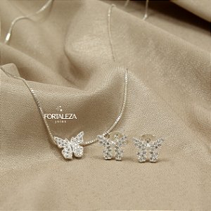 Conjunto Borboleta Cravejada com Zircônia em Prata 925