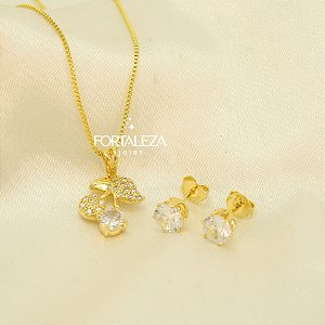 Conjunto Cereja Cravejada em Zircônia Banhado a Ouro 18k