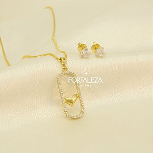 Conjunto Coração com Detalhes em Zircônia Banhado a Ouro 18k