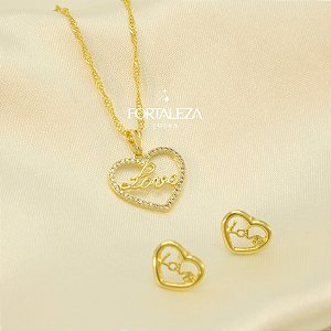 Conjunto Coração Escrito Love Banhado a Ouro 18k