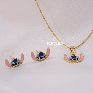 Conjunto do Stitch Resinado e Banhado a Ouro 18k