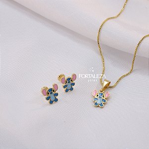 Conjunto do Stitch Resinado e Banhado a Ouro 18k