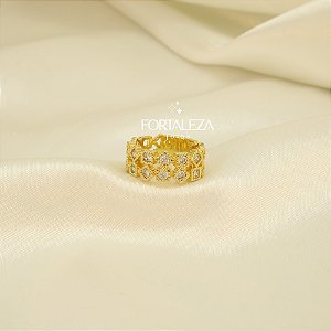 Anel Geométrico com Zircônia Cristal Banhado a Ouro 18k