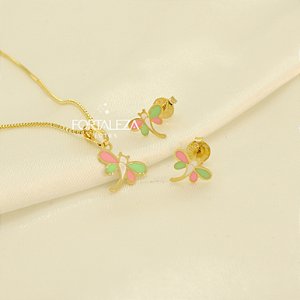 Conjunto Libélula Resinada Banhado a Ouro 18k