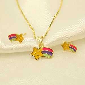 Conjunto Estrela Cadente Resinado Banhado a Ouro 18k