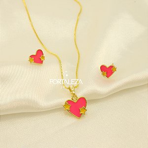 Conjunto Coração Resinado Banhado a Ouro 18k