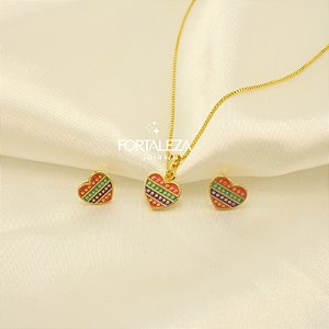 Conjunto Coração Resinado Banhado a Ouro 18k