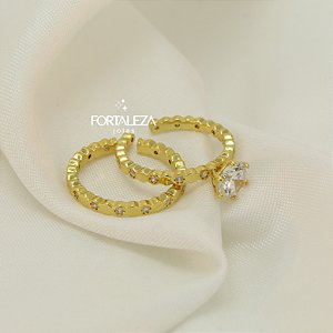 Anéis Aparador e Solitário com Zircônia Banhados a Ouro 18k